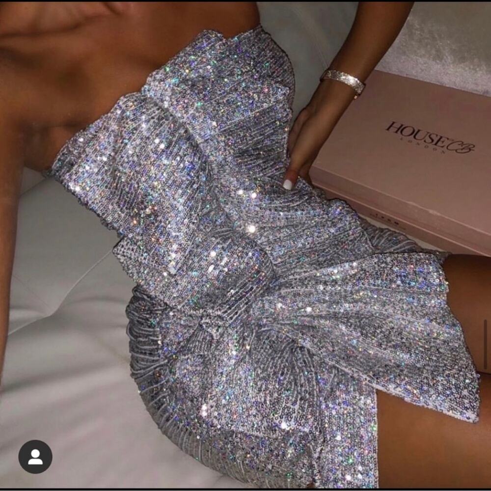 HOUSE OF CB Grace Holographic Silver Sequin Strapless Dress L
